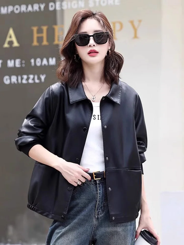 New Women Loose Split Leather Jacket Spring Autumn Fashion Turn-down Collar Long Sleeve Casual Leather Coat Basic Jacket Female