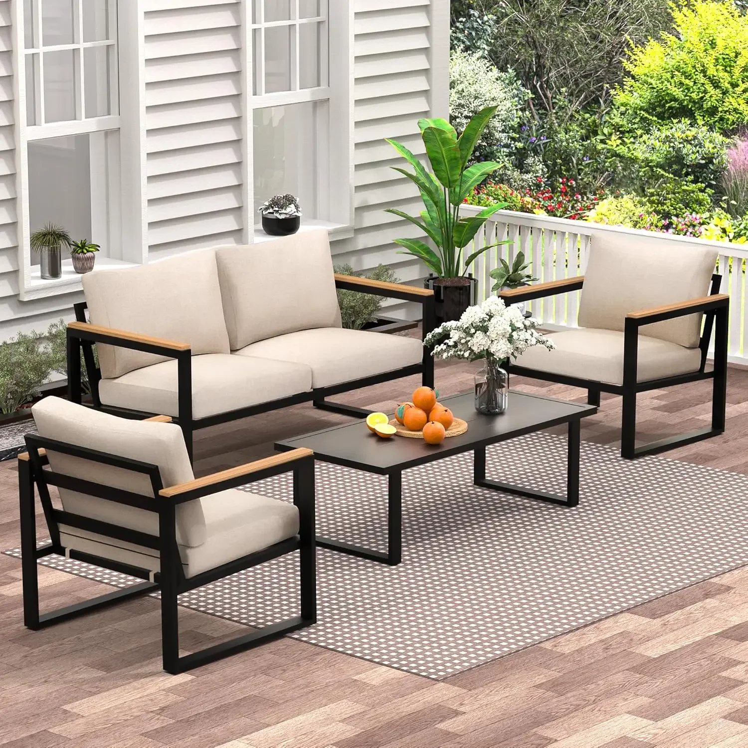 4 Pieces Outdoor Patio Furniture with Coffee Table Set, Metal Patio Conversation Sets with Washable and High-Resiliency Sponge C