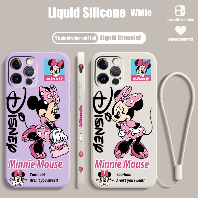 

Cute Minnie Disney Pink Liquid Left Rope For Apple iPhone 15 14 13 12 11 XS XR X 8 7 SE Pro Max Plus Mini Soft Phone Case