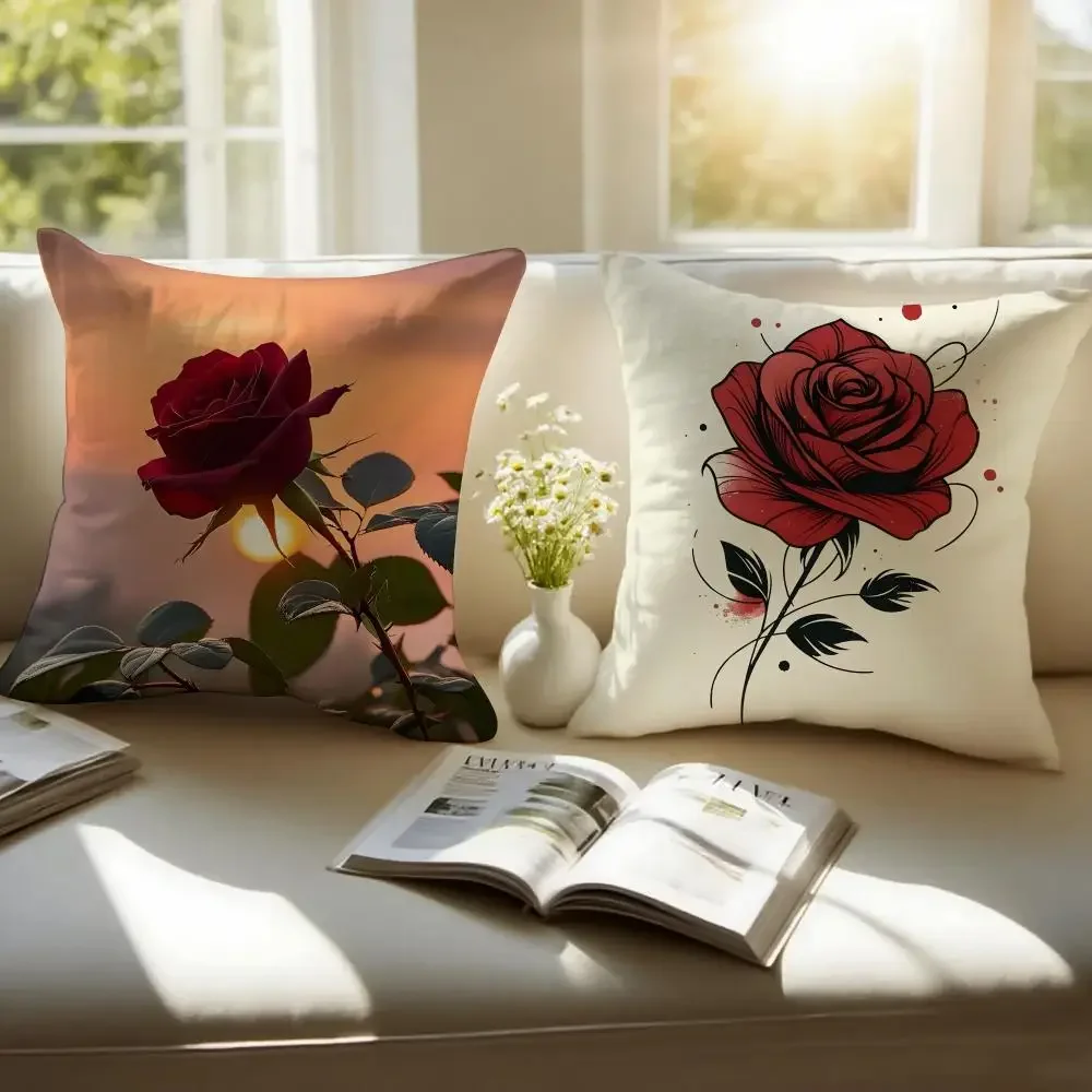 Floral Theme R-Red Rose Cushion Cover Pillowcase Anti-dustmite Invisible Zipper Short Plush Sofa Cushion