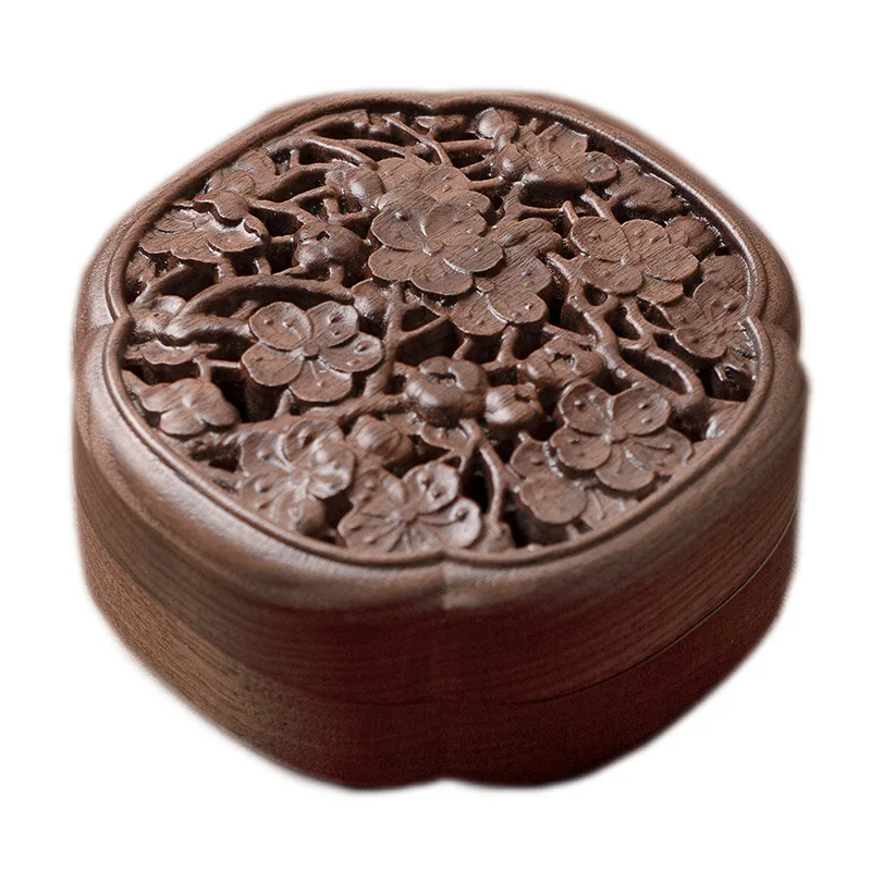 DSA Black Walnut Vintage Carved Plum Blossom Incense Box Ornament Jewelry Box Incense Burner Incense Seal Interior