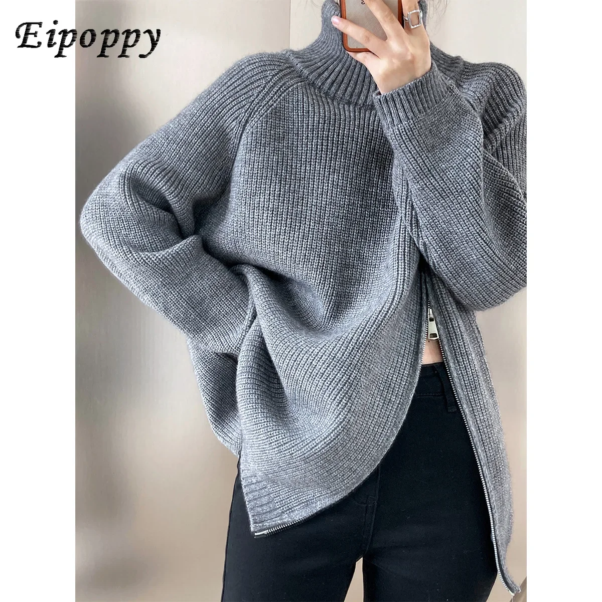 

Double-Headed Oblique Zipper Turtleneck Sweaters Women's Clothing Autumn and Winter Lazy Casual Sweater