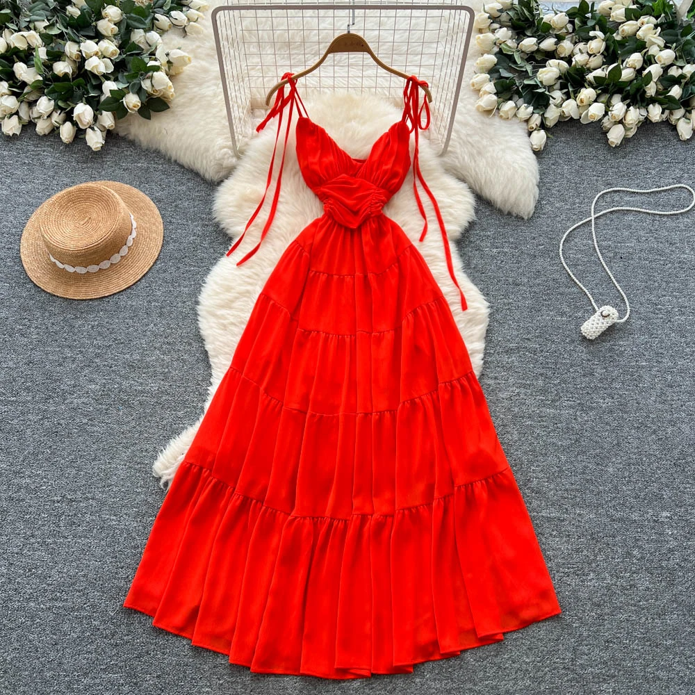 Chic vintage Ruched V-neck sleeveless Elegant Fairy korean fashion Boho Beach women clothing Long dress