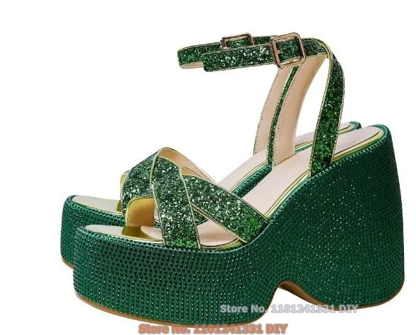 

Green Crystal Embellished Chunky Platform High Heel Sandals Female Thick Waterproof Shinny Rhinestone Summer Dress Shoes