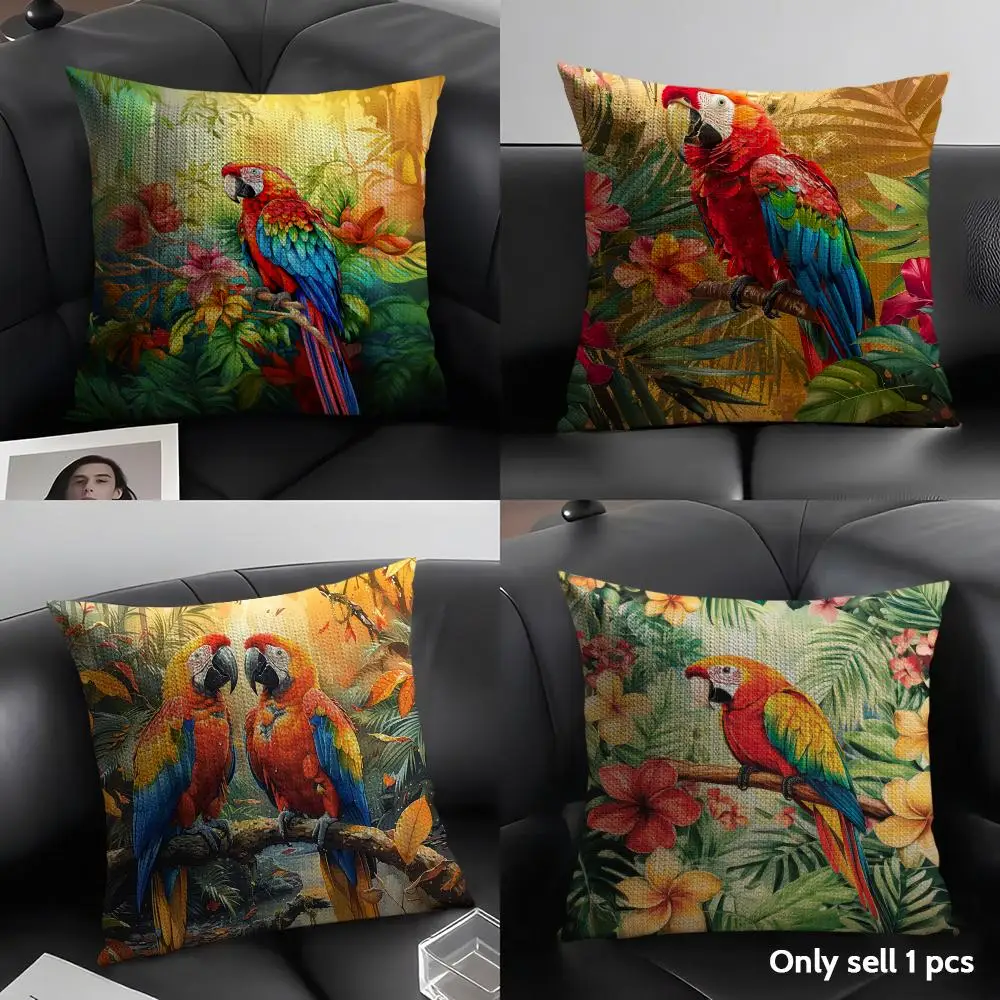 Tropical Parrot Cushion Cover Natural Linen Pillow Case Organic Fabric Double Sided Print Sofa Home Decor Gift