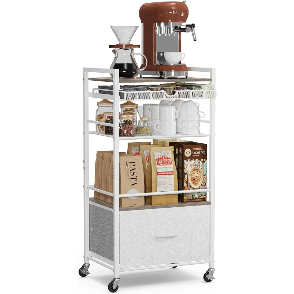

Coffee Bar Cabinet with Storage，5 Tier Coffee Station Table on Wheels, 33.6" H Cart with Drawer for Home Kitchen, Liquor Buffet