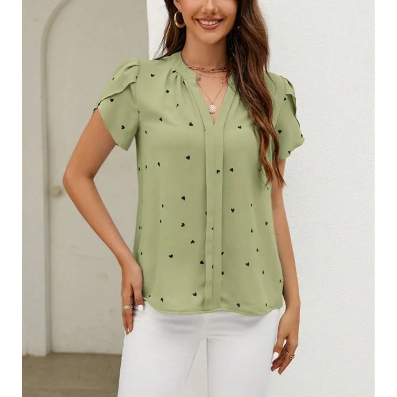 Summer New Elegant Simplicity Loose Casual Versatile Commuter Pullovers V-Neck Spliced Love Petal Sleeve Women\'s Shirt Tops