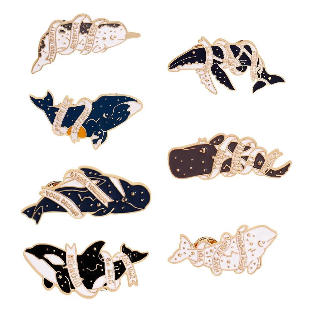 Creative Beautiful Meaning Letter Around Whale Enamel Pins Hope Words Believe In Yourself Strive Towards Your Dreams Brooches