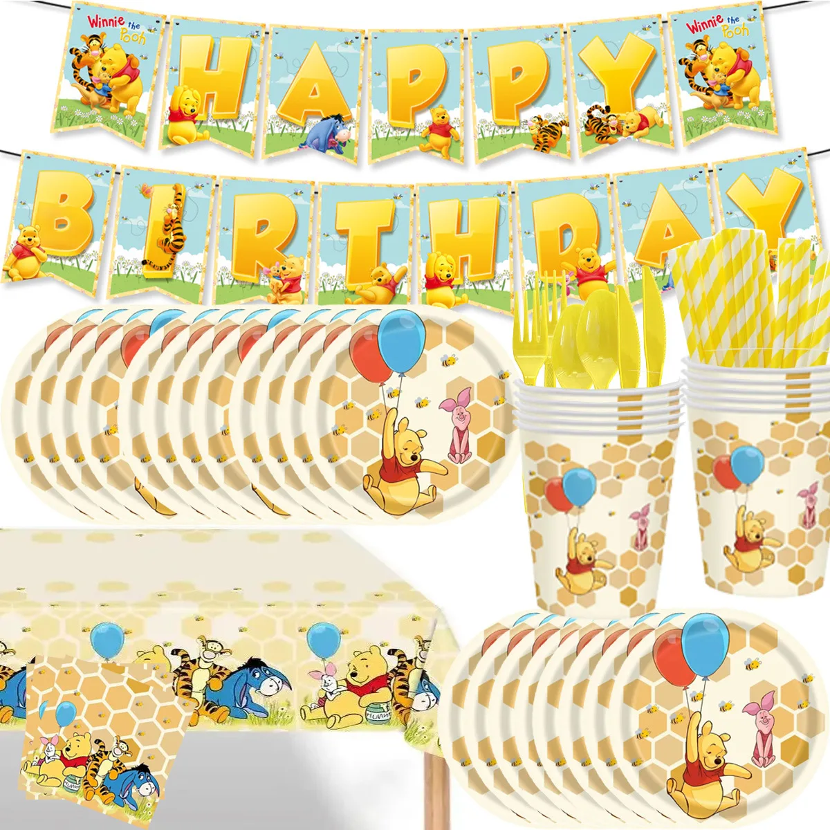 Disney Winnie the Pooh Party Supplies Bear Banner Balloon Cup Plates Napkins For Kids Baby Shower Birthday Party Decor Toys Gift