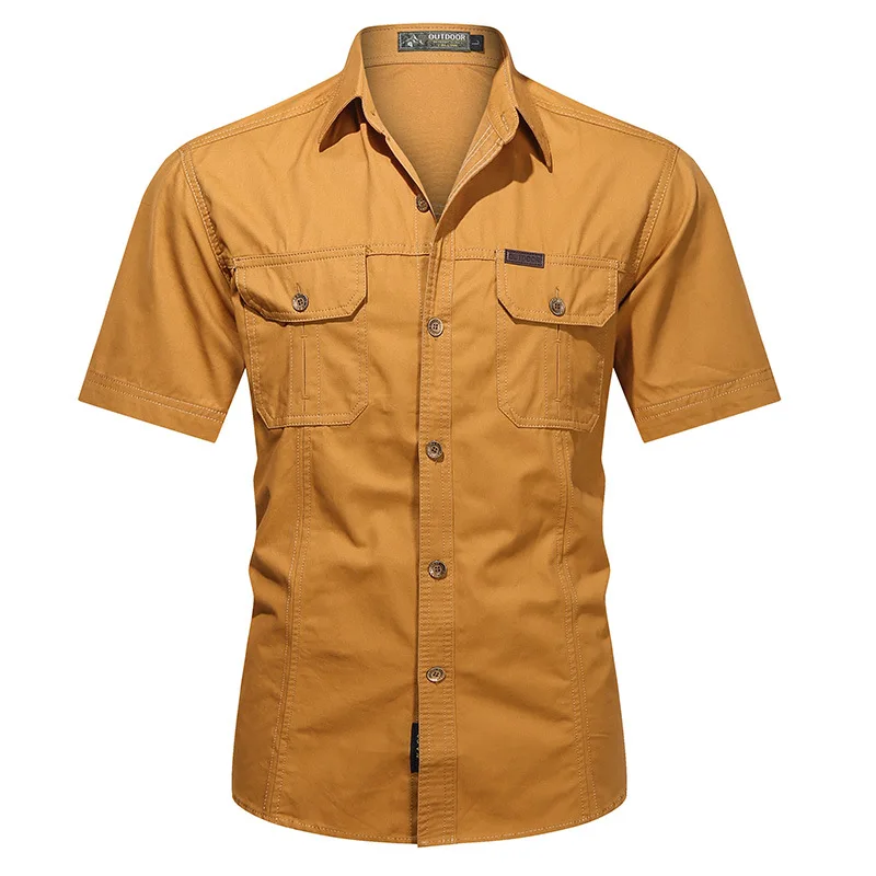 Men 2026 Summer Fall Short Sleeve Work Shirt Solid Slim Fit Casual Trendy Layering Comfort Versatile Button Down Cargo Tops