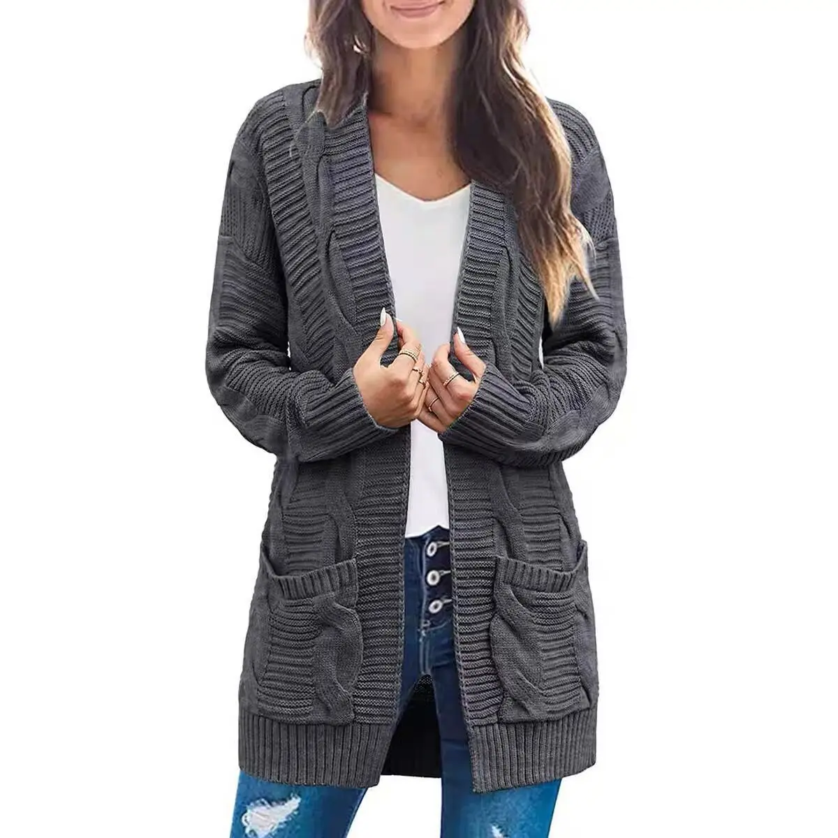 Large Size Women's Jacket, New Twist Double Pocket Cardigan Sweater Medium And Long In Autumn And Winter