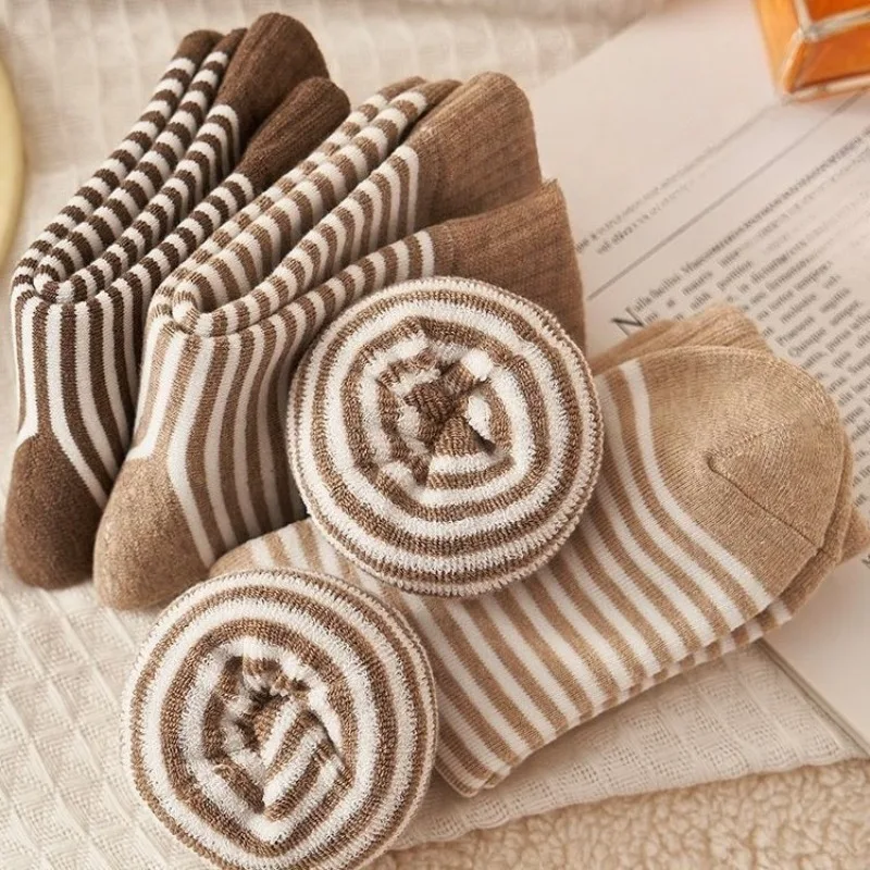 5 paires de chaussettes thermiques à rayures mi-mollet pour femmes, épaisses et chaudes, automne-hiver, chaussettes d'école en tricot thermique pour filles, vente en gros