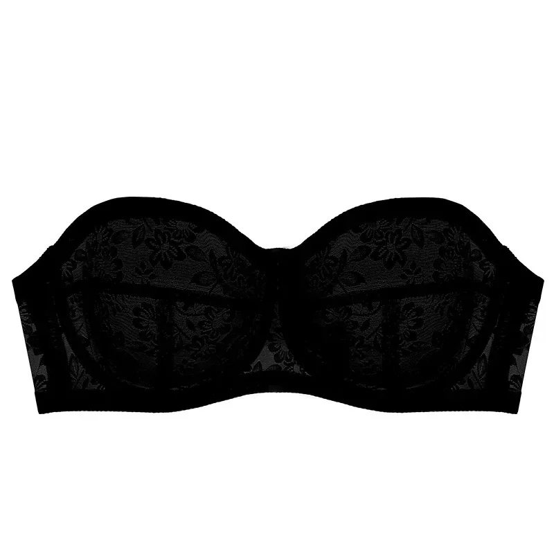 Women\'s Lingerie Strapless Ultra Thin Bra Transparent Embroidery Floral Brassiere Sexy Invisible Bralette Ladies Underwear