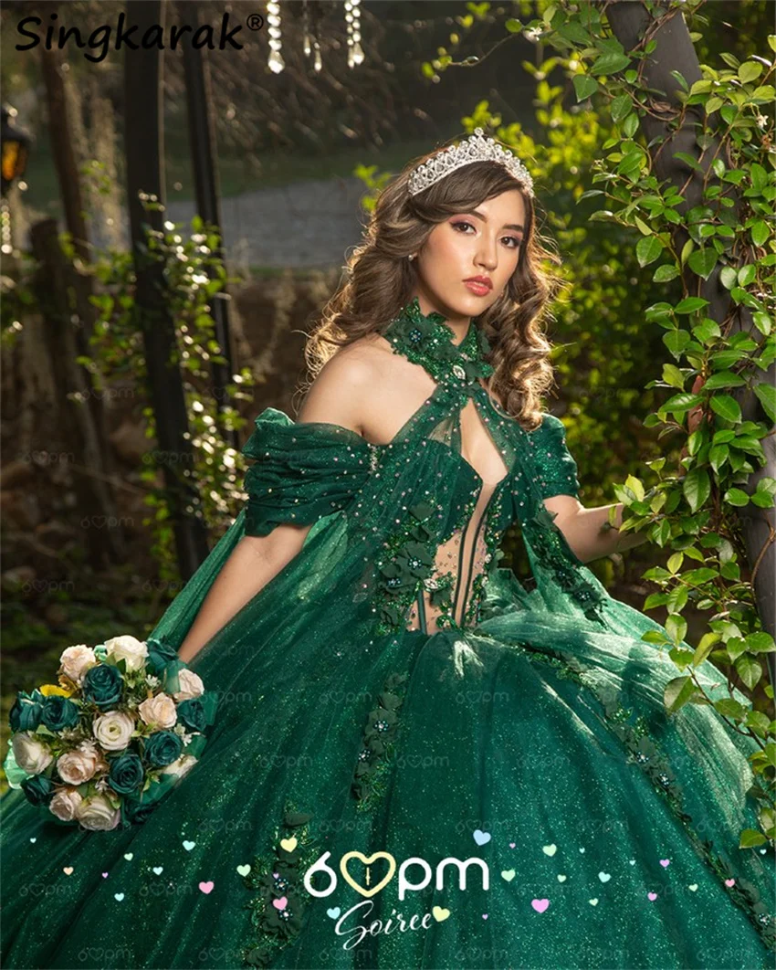 

Emerald Green Quinceanera Dresses Applique Beading Glitter Pageant Vestidos 15 Años Quinceañera Ball Gown Customized
