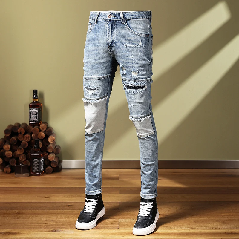 Street Fashion Men Jeans Retro Light Blue Elastic Stretch Skinny Ripped Jeans Men Spliced Designer Hip Hop Biker Pants Hombre