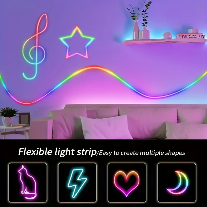 Bluetooth Neon LED Strip Lights 5V Waterproof RGBIC Neon Rope Lights with Music Sync Dreamcolor Chasing Strip Tape for Room