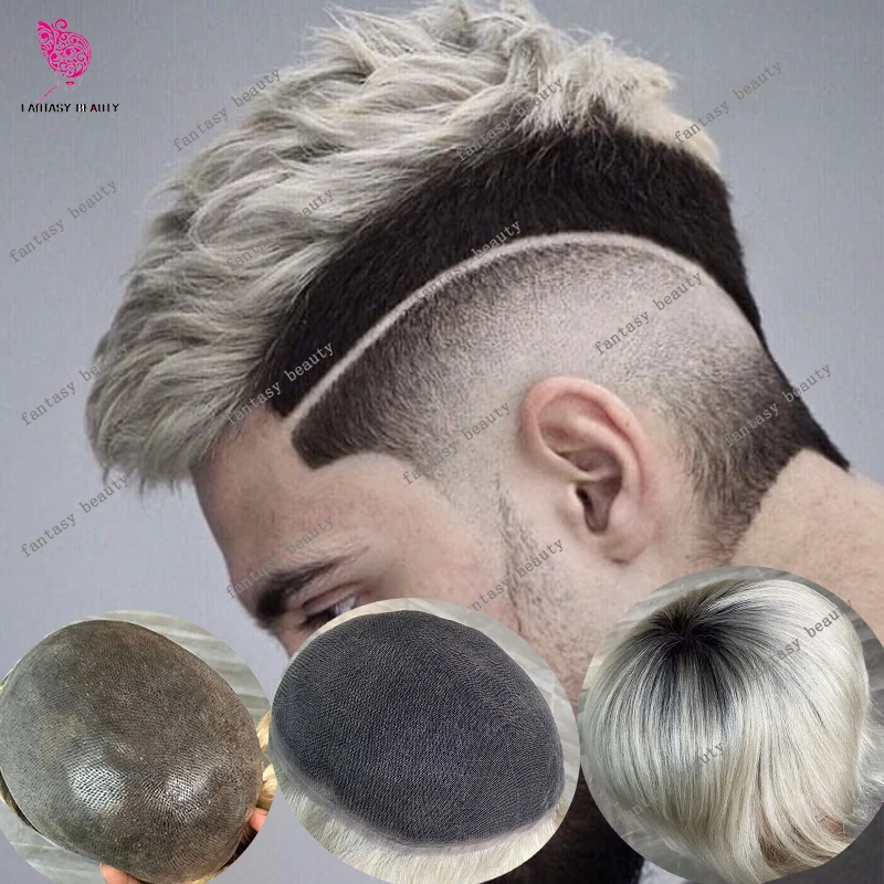 

1bt60/4t613 Ombre Grey Men Toupee Super Durable Bleached Knots Full Lace or Skin PU Ultra Platinum Blonde Human Hair Prosthesis
