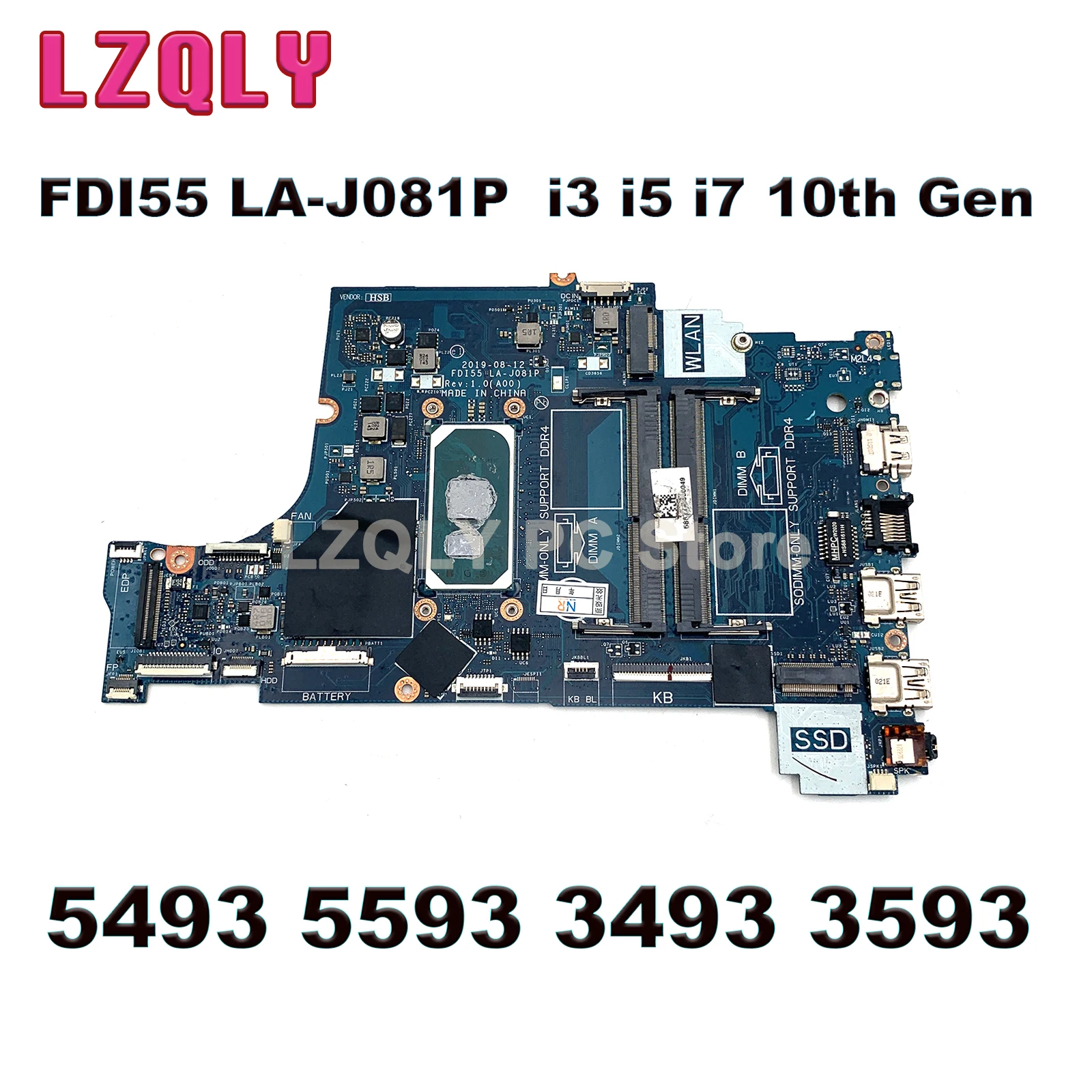 FDI55 LA-J081P For Dell 5493 5593 3493 3593 Laptop Mainboard 0PTGYC 03DD3K 0CH9H2 i3 i5 i7 10th Gen Motherboard