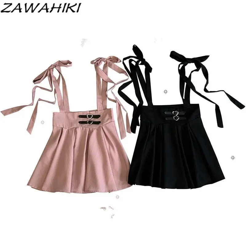 ZAWAHIPastel-Robe d'Été Japonaise Douce, Solide, Plissée, Mode Décontractée, Mignonne, à Lacets, Polyvalente, Esthétique Y2K