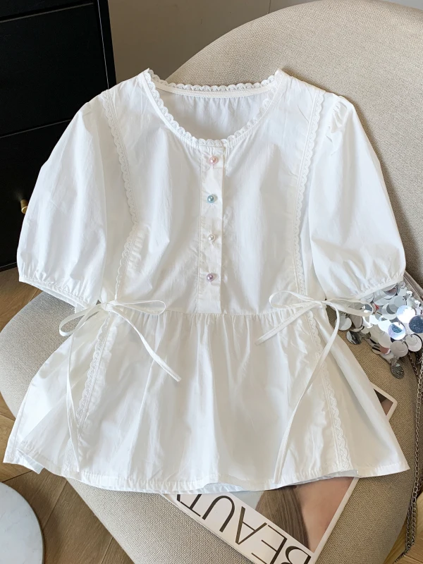 

French Style Cotton Bubble Sleeve Blouse Women's Short Shirt Floral Lace Belted Summer Design Waist-Cinching Doll Top