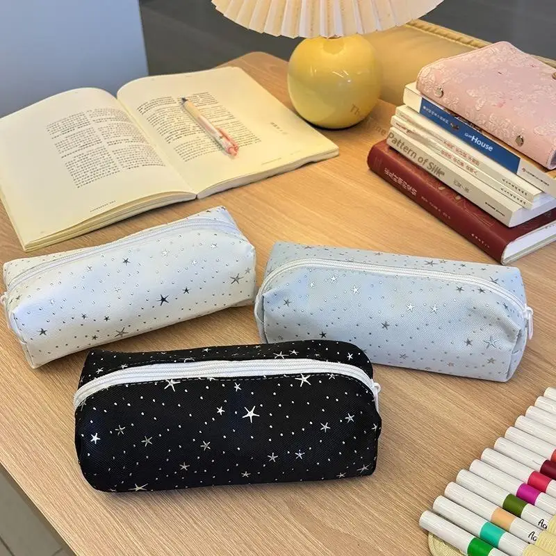 Multicolor Star Print Canvas Pencil Case Multi-functional Portable Zippered Pen Pouch Large Capacity Portable Cosmetic Bag