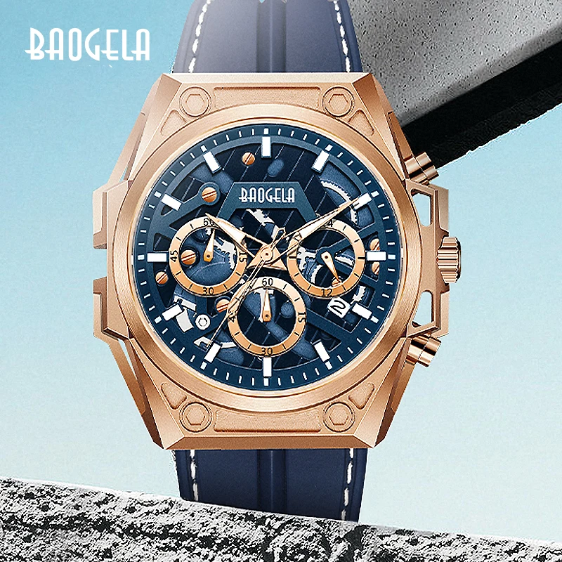 BAOGELA  Luxury Stainless Steel Watches Men  Luxury Brand Sport Leather Strap Wristwatch Waterproof Chronograph Quartz Watch