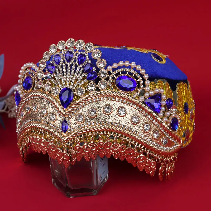 Xinjiang Dance Crown Handmade with Diamond Hat and Ethnic Style Square Dancer Adult Performance Costume Stage Costume