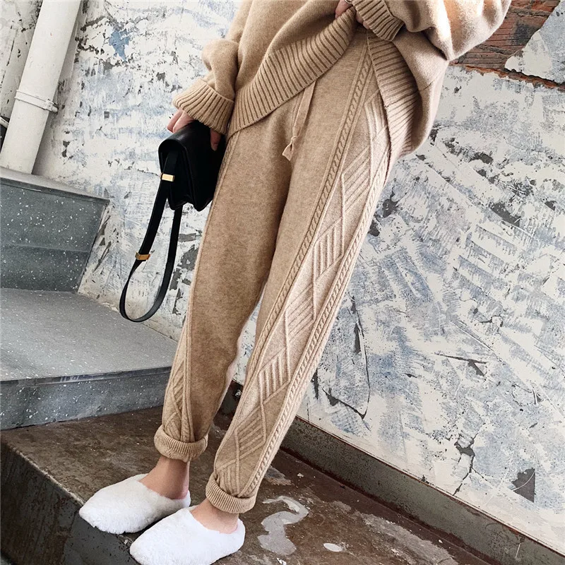 

Knitted Haren Pants Autumn and Winter Korean Style Thickened Loose Elastic Waist Thin Twist Radish Pants Wool Pants Women LJ295