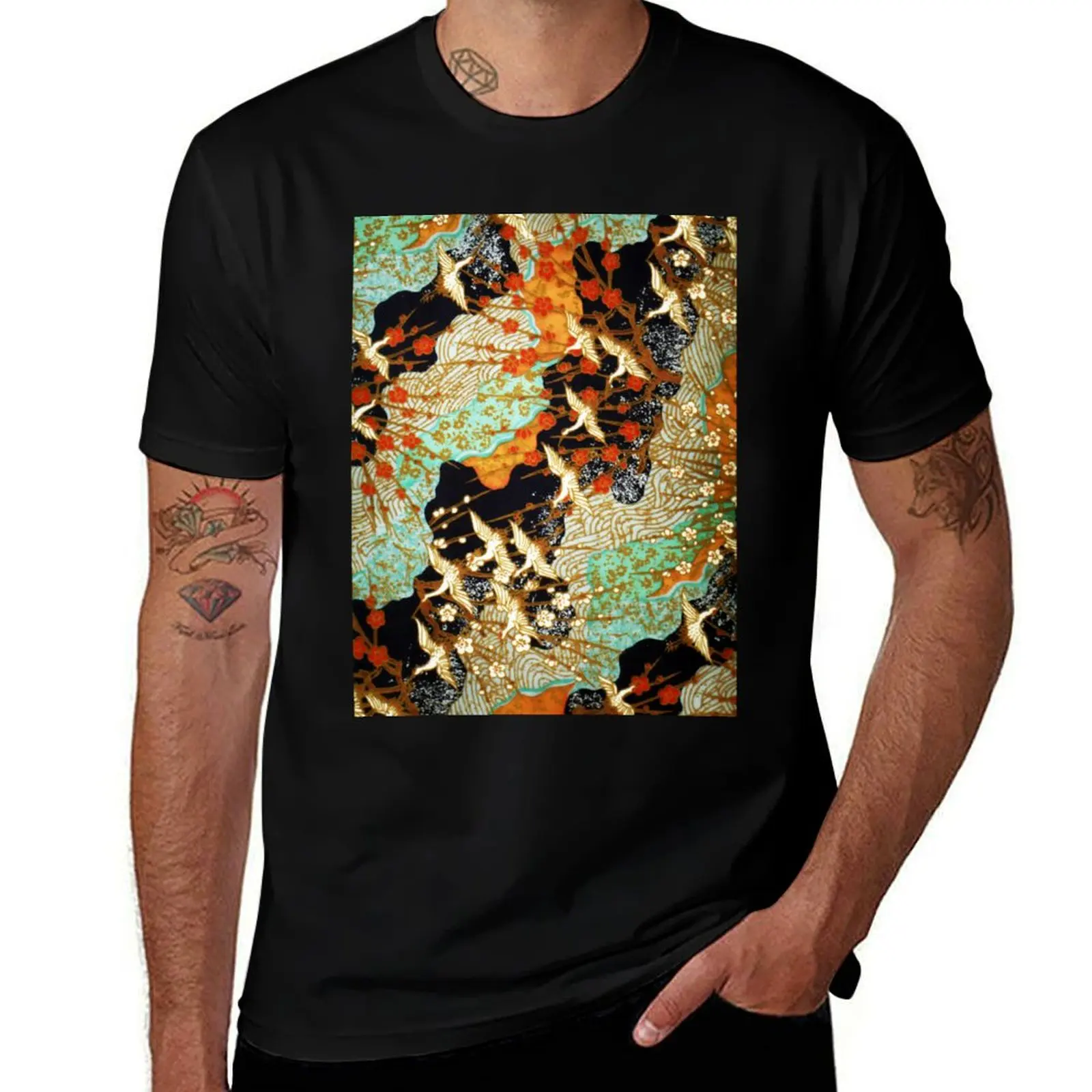 

FLYING CRANES AND SPRING FLOWERS Antique Japanese Floral T-Shirt vintage t shirts Funny t-shirt black t shirts for men
