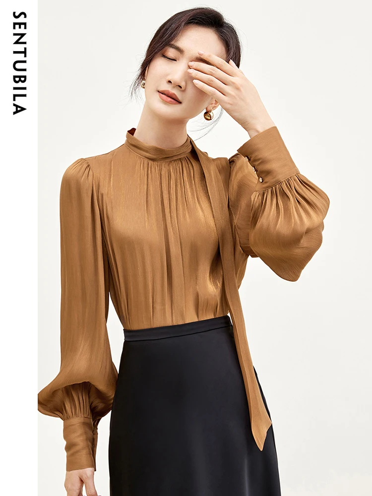 SENTUBILA Pleated Blouse Elegant Bishop Sleeve Pullover Sheen Shirts & Blouses Bow Tie Neck for Women 2024 Autumn Top 133V50503