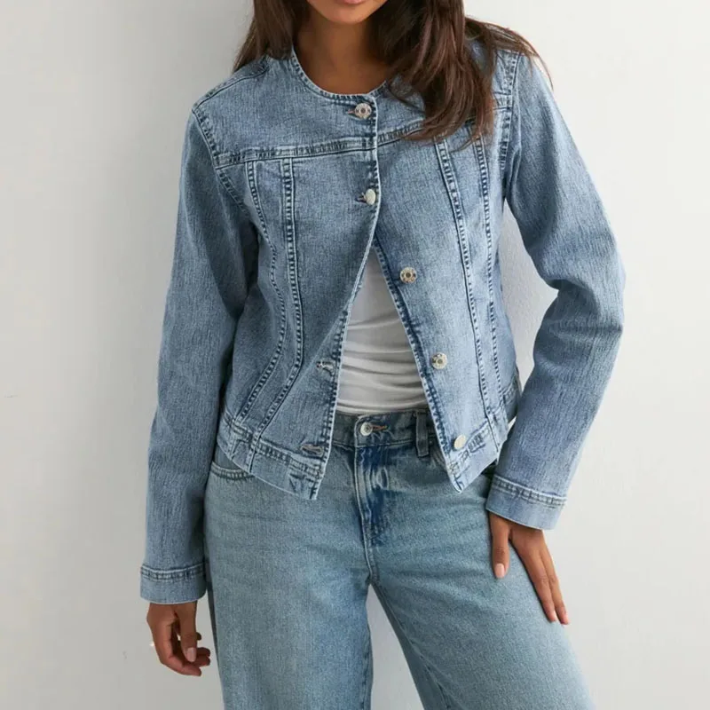Women's Washed Spliced Denim Jacket American Casual Fashion Retro Coat Spring Autumn Simple Round Neck Female Jackets