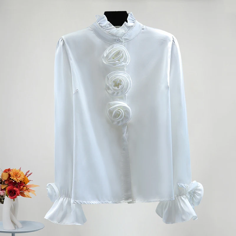 ZJYT 3D Floral Satin Shirts&Blouses Women Spring Office Lady Long Sleeve Blusas Female Tops Ruffled Collar Fashion Party Camisas