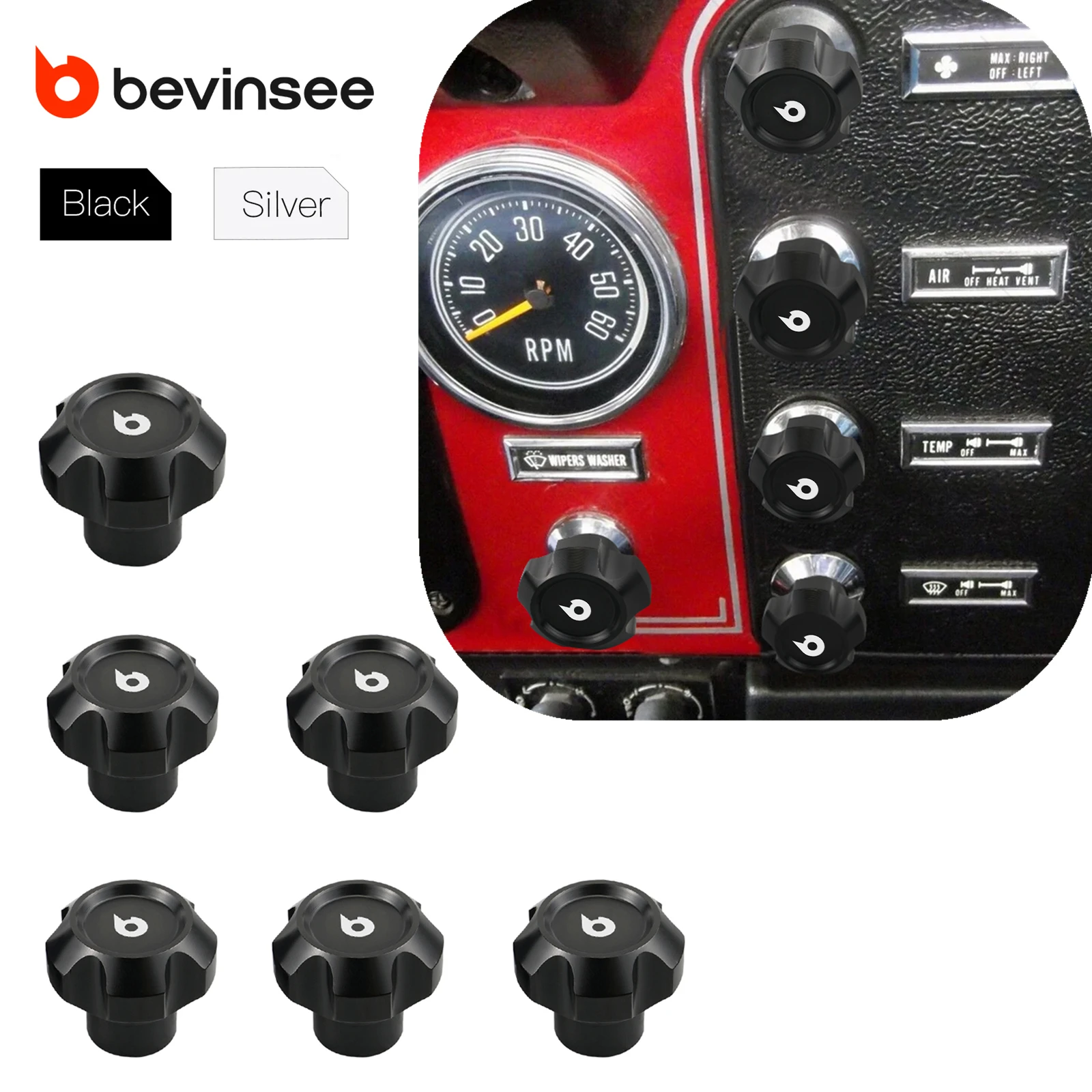 Botões de painel de alumínio BEVINSEE para Jeep CJ5 CJ7 CJ8 1976-1986, 6 peças/1 conjunto