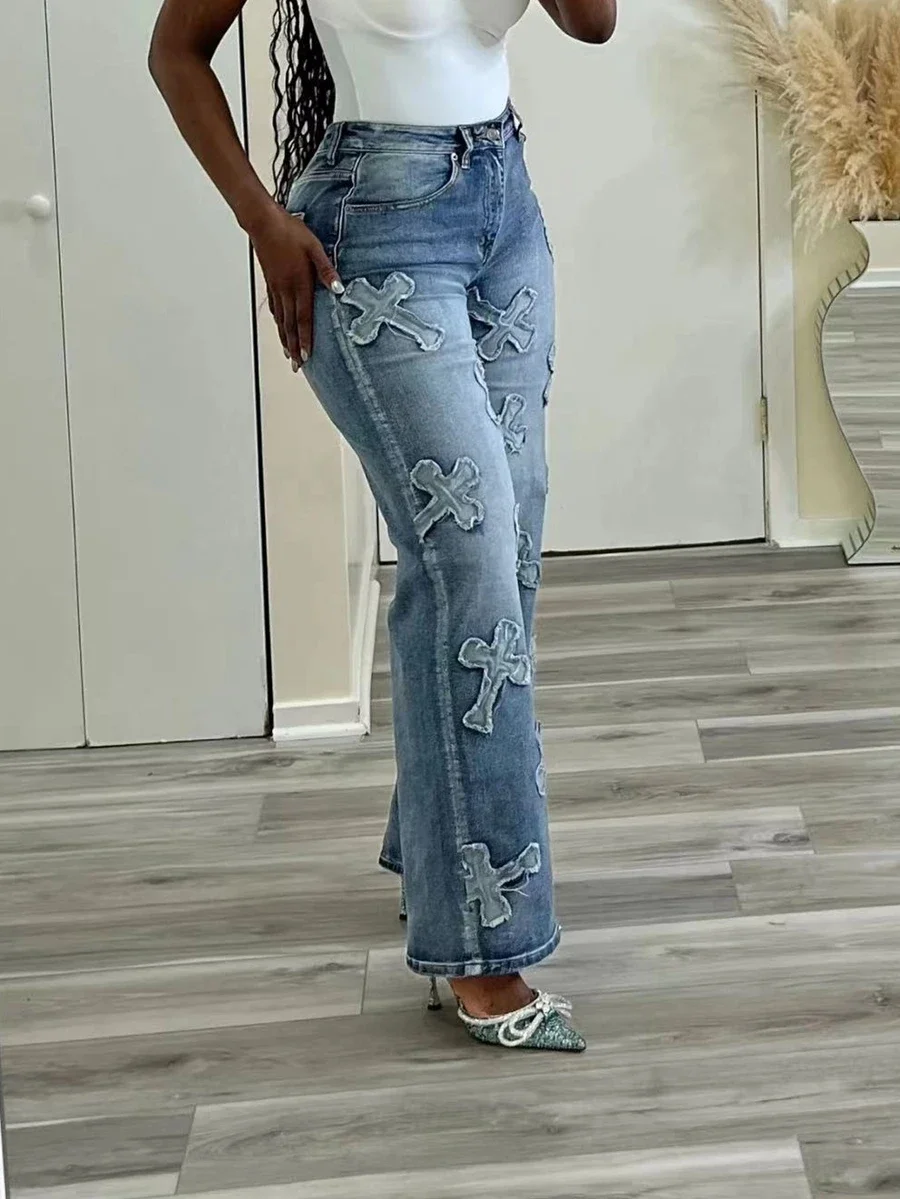 Damenmode Frühling und Herbst neue Vintage gewaschene Denim Quaste Kreuz Hip-Hop gerade Bein 9-Zoll-Hose