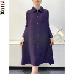 YUDX Miyake Pleated Single-breasted Design Women's Dresses Mid-length Nine-minute Sleeve Loose Plus Size Dress 2024 Summer New