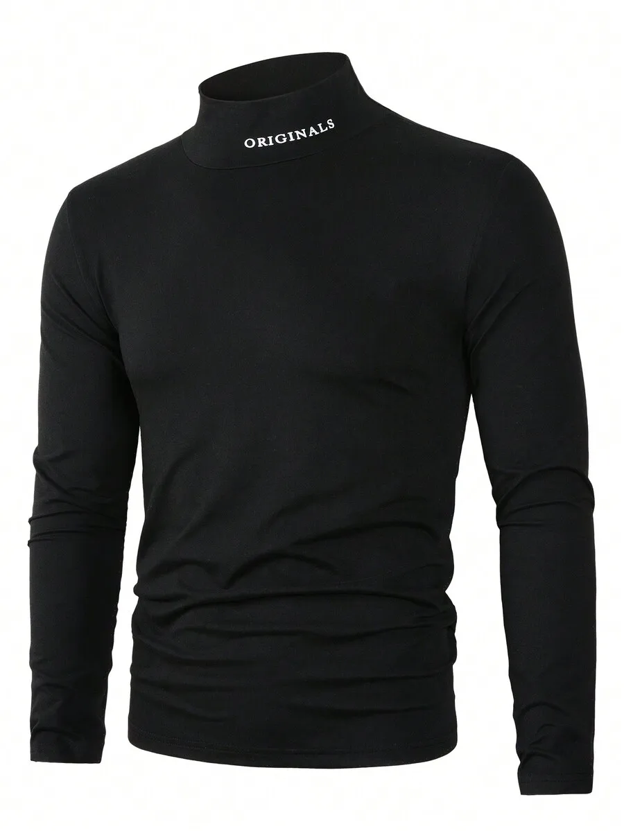 

Men's Black Long Sleeve Turtleneck Tee with Embroidered Text, Casual Fall Wear