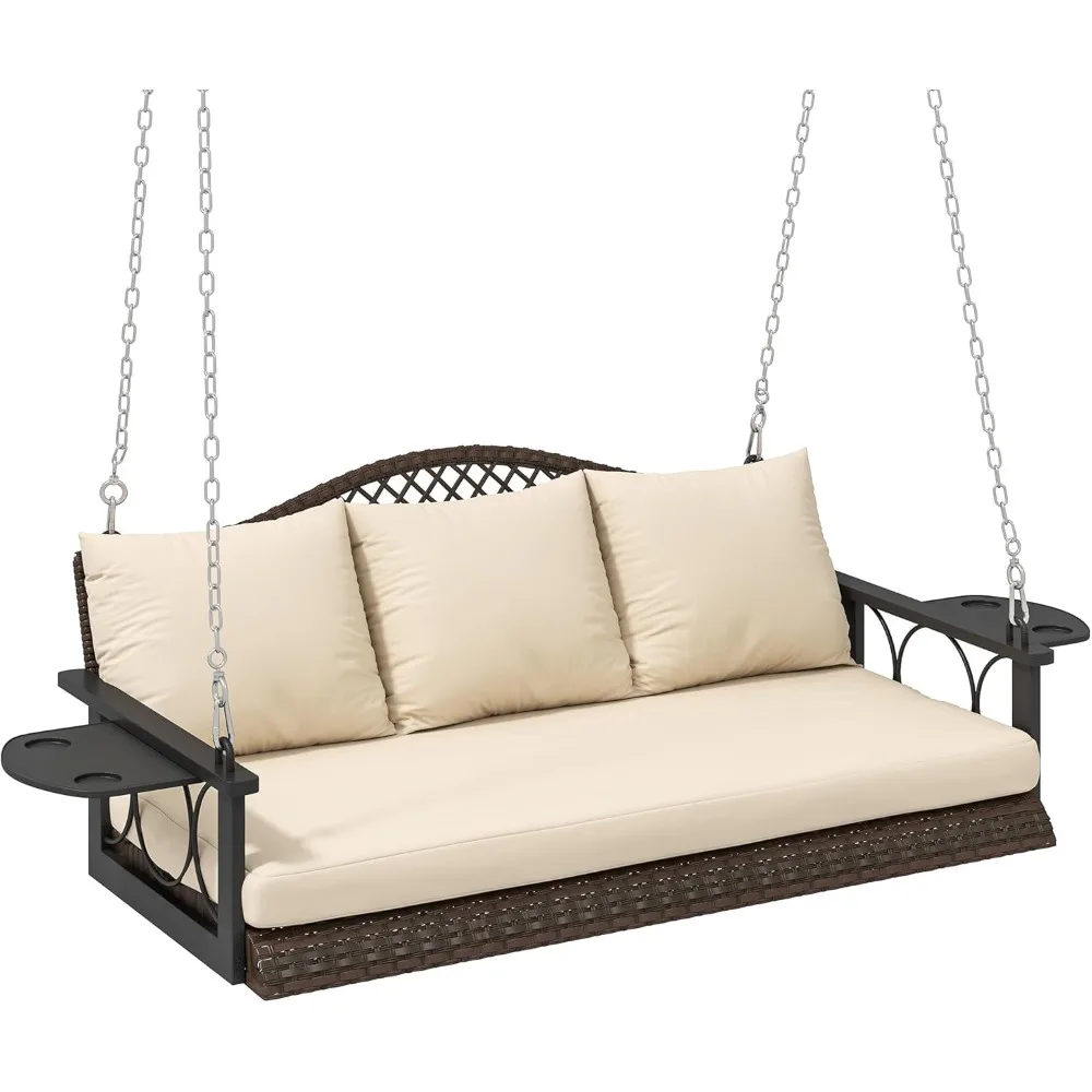 

3 Person Wicker Porch Swing Chair Heavy Duty 800 LBS with Cup Holder, 57 Inch Outdoor Rattan Patio Hanging Swing Bench