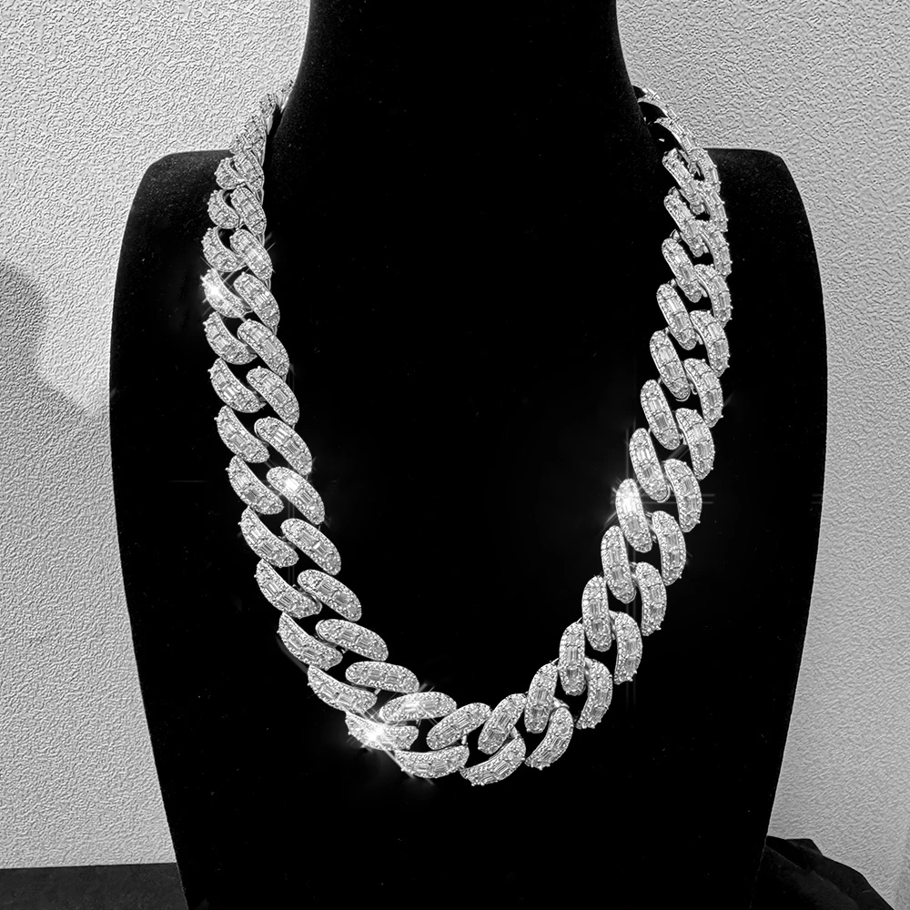 

Pass Diamond Tester 20mm Moissanite Cuban 925 Silver White Gold Plated Miami Hip Hop Vvs Moissanite Cuban Link Chain
