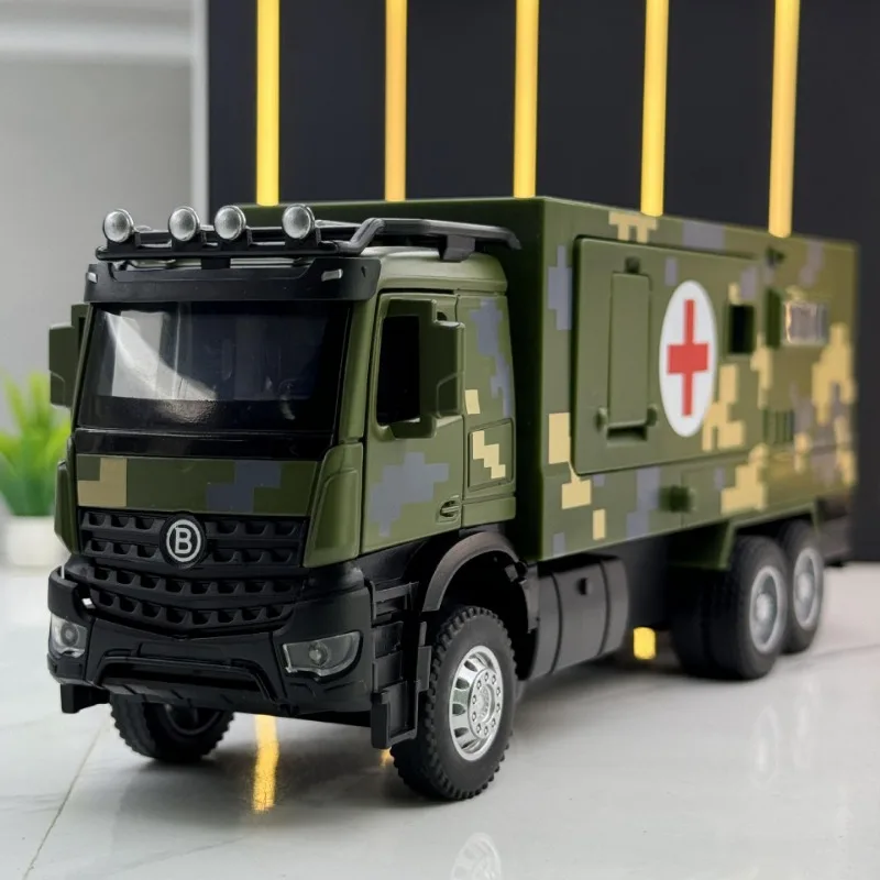 Simulation 1:32 Scale Diecast Military Multi-functional Medical Vehicle Sound and Light Pull Back Toy Car Ornaments Boy Car Gift