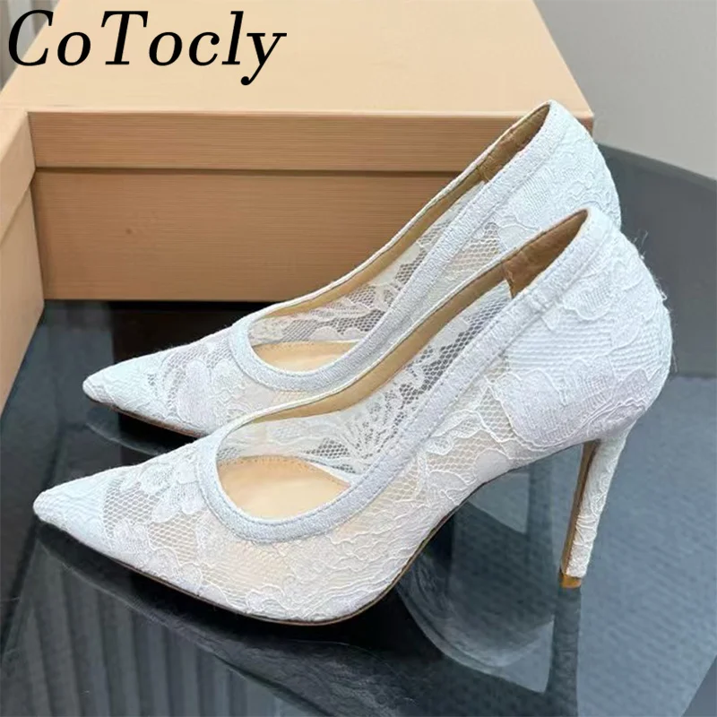 

Sexy High Heels Women Pumps Pointed Toe Slip-on Party Shoes Woman Mesh Lace Embroidery Shallow Thin Heels Women's Shoes