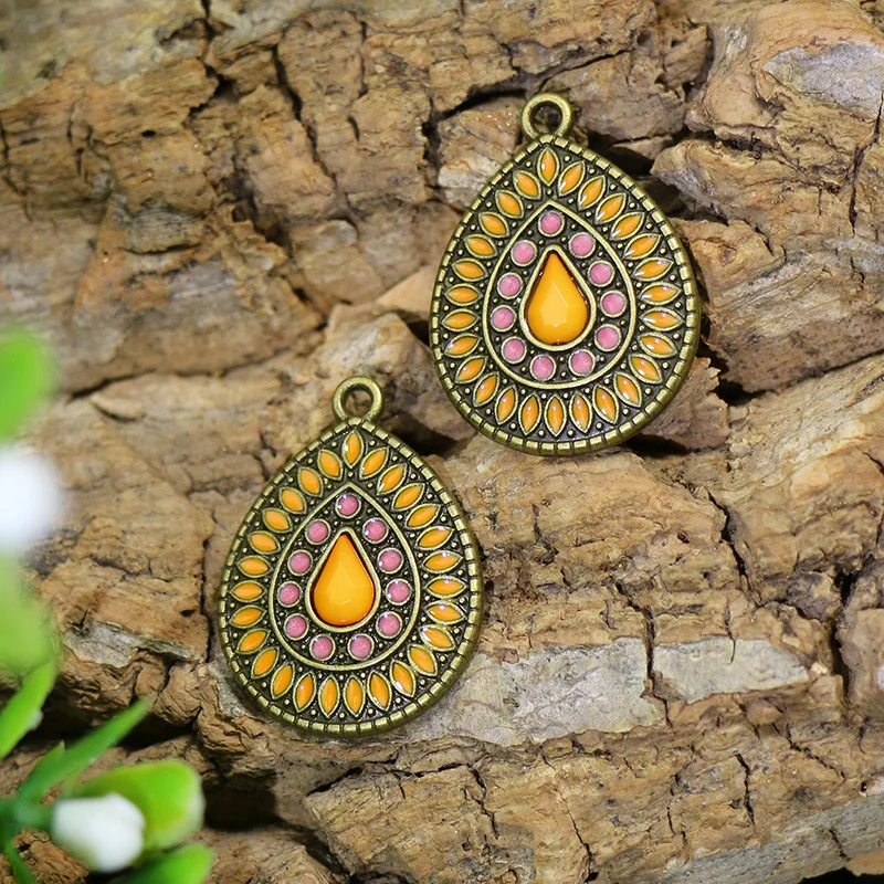 50pcs/lot 25*18mm Bohemian Style Ancient Silver Color Drop Shape Enamelled Alloy Charms Ear Pendant DIY Jewelry Earring