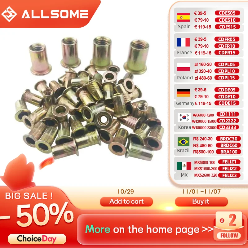 

ALLSOME 300pcs M3 M4 M5 M6 M8 M10 Head Rivet Nuts Set Nuts Insert Reveting Multi Size Rivet Nuts Collocation with BOX HT2599