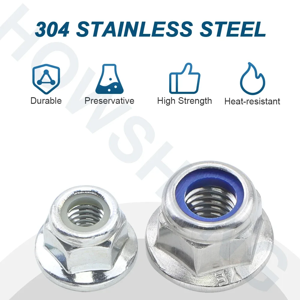 HOWSHENG 1-20pcs Hex Flange Insert Spinlock Nut M4 M5 M6 M8 M10 M12 Stainless Steel Hexagon Nylon Self-locking Nut