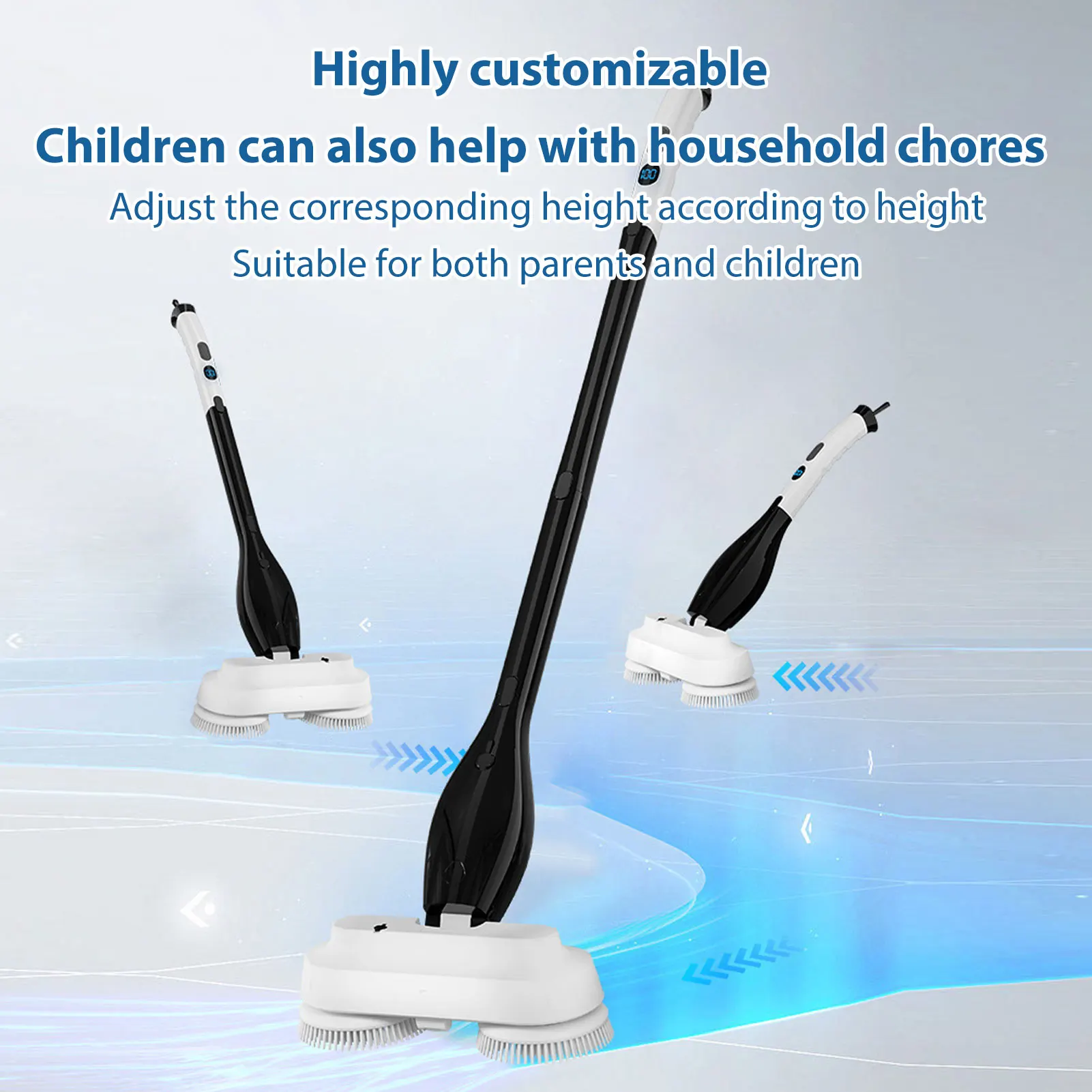 ممسحة تنظيف كهربائية متعددة الوظائف 2 في 1 رؤوس فرشاة 260 دورة في الدقيقة 800 مللي خزان 4000 مللي أمبير في الساعة 50 دقيقة مقبض قابل للتعديل