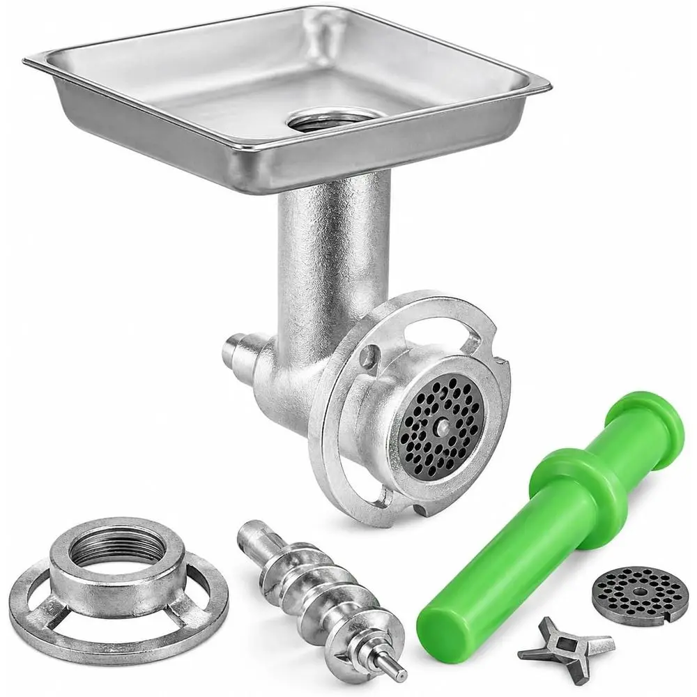 

Meat Grinder Attachment or #22 Hub, Cast Iron Steel, Silver, with Stomper and StainlSteel eed Pan