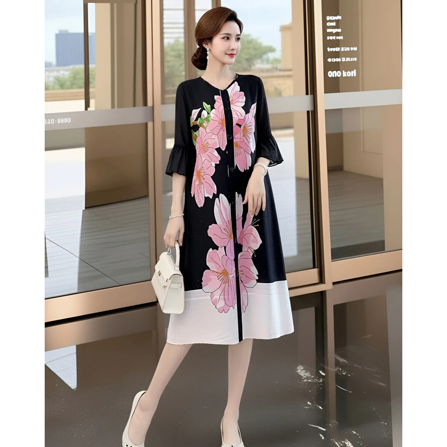 

Miyake Style Pleated Seaside Vacation Plus Size Mother's Skirt Retro Printed Dress Women's Summer Green Spring Skirt