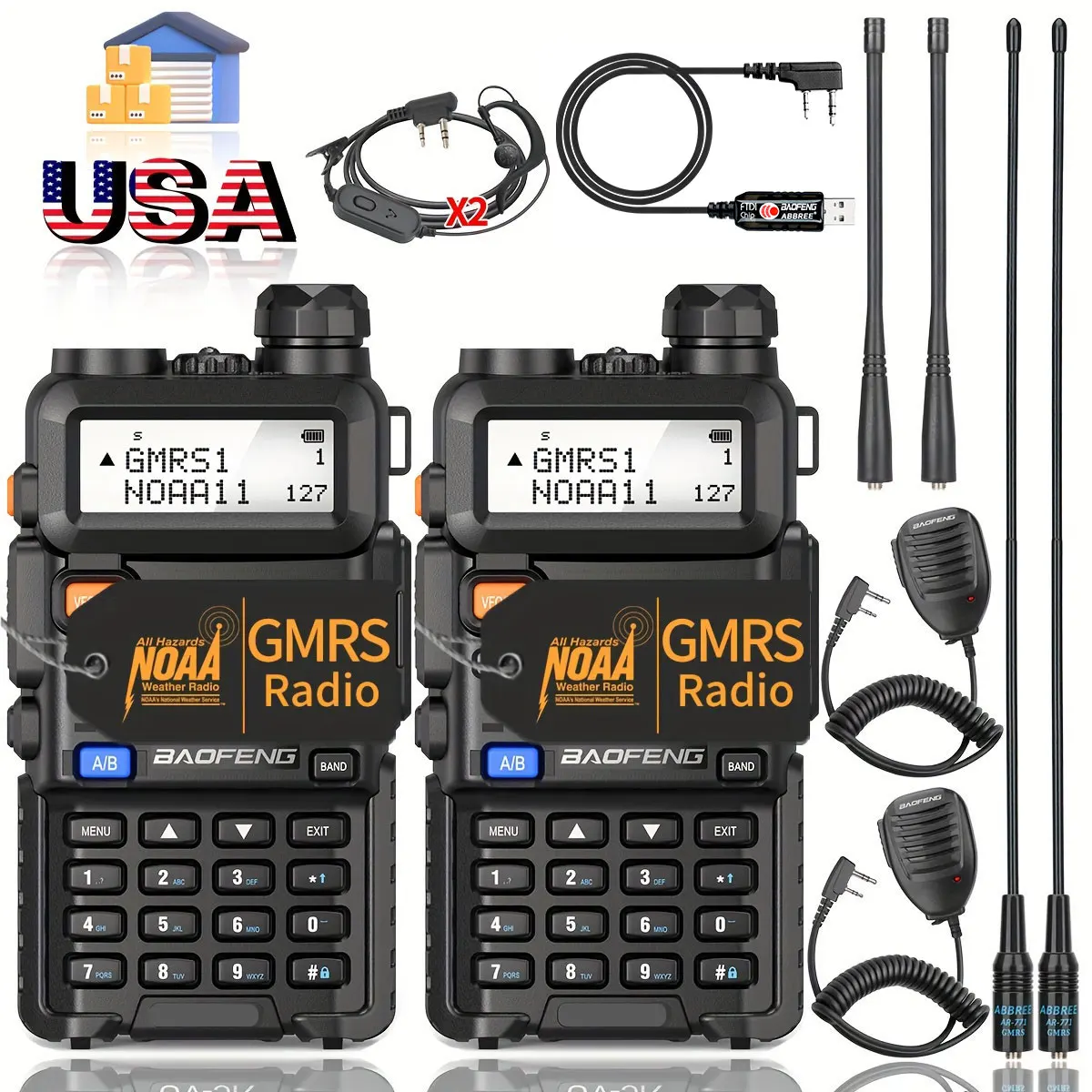 2X Baofeng UV-5R GMRS Walkie Talkie Dual Band VHF UHF Long Range High Power NOAA Rechargeable UV5R Handheld Ham Two Way Radio