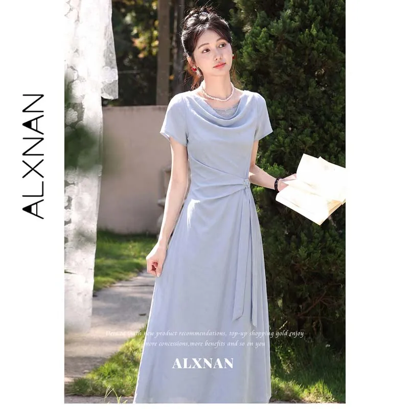 ALXNAN Women's Long Dress Summer French Waist Tie Floral Detail Draped Neck Patchwork Lace Slim Short Sleeve Dress DYL662773