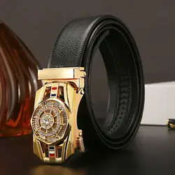Men Business Time To Run Belt Man Automatic Buckle Leather Belt Golden Waist Buckle Males Luxury Belt Rhinestone Decoration