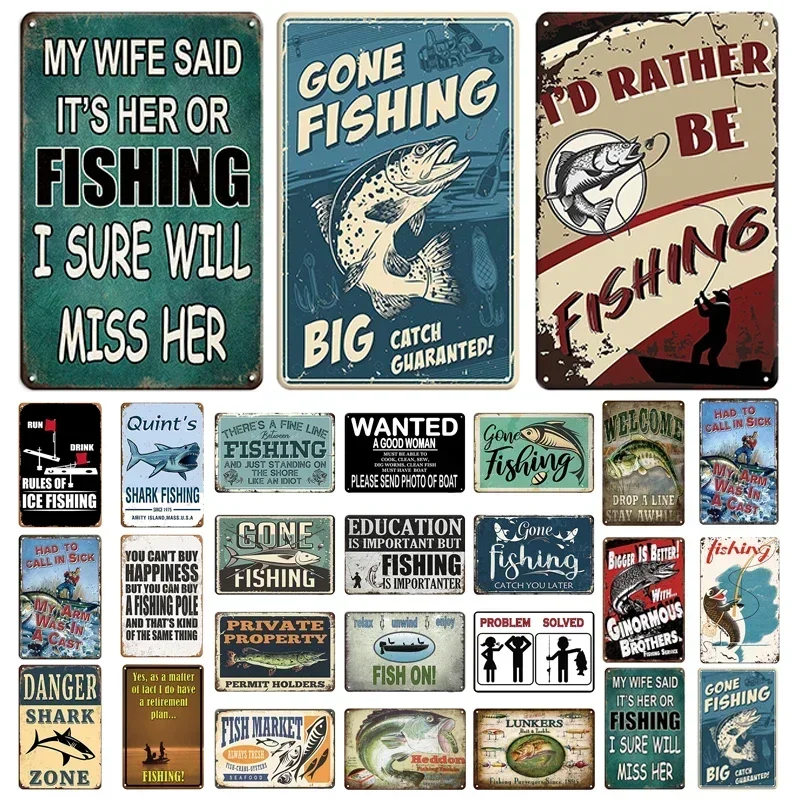 Divertido cartel de estaño de Metal de pesca, placa Retro Vintage, cartel de Metal, placa de regalo para amantes de la pesca, decoración de pared del hogar de pesca cueva para hombres